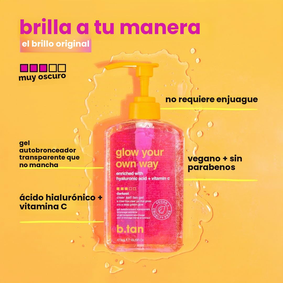b.tan Glow Your Own Way - Gel autobronceador transparente, no se transfiere, vegano, libre de crueldad animal, 473 ml