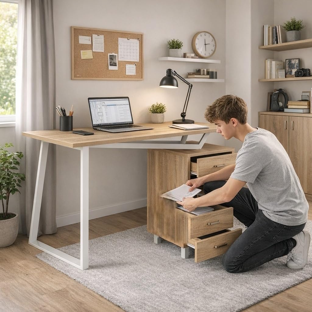 yelloo - Scrivania con Cassetti Salvaspazio, Scrivania Ufficio per Computer, Adatta per Cameretta, Scrivanie dal Design Moderno ed Elegante, Tavolo Ufficio Porta PC (Mod. ELEGANT Quercia)