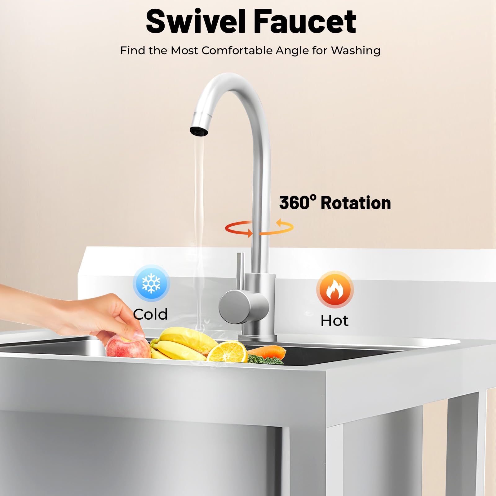 Edelstahl Küchenspüle, 60 × 60 × 93cm Freistehende Spüle mit unterschrank, Wasserfall-Spülbecken mit 360° Drehbarer Wasserhahn und Wabenförmiger Sprudler, Mobiles Waschbecken für Außen, Innen, Küche