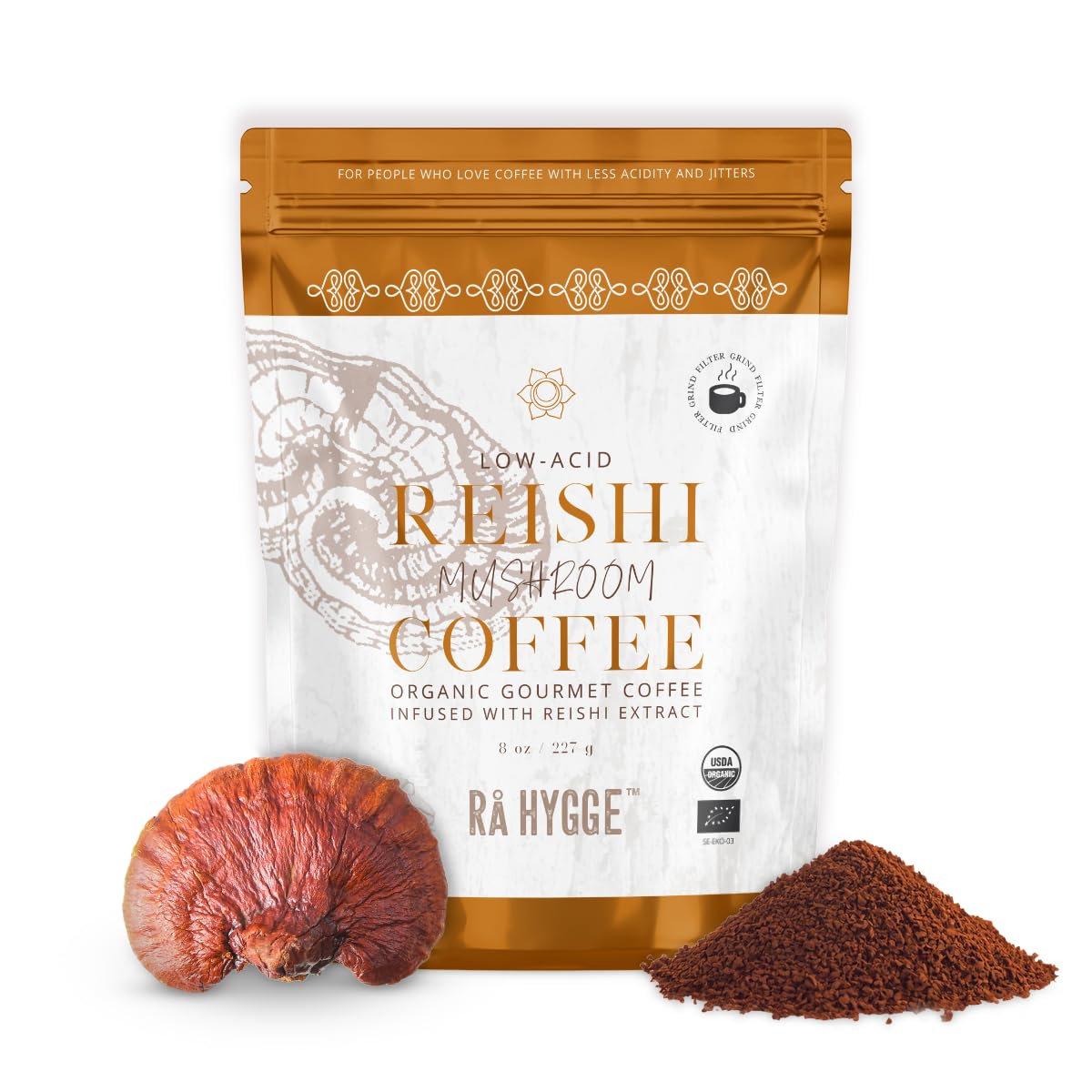 Ra Hygge Organic Reishi Mushroom Coffee - Gourmet Medium Roast Ground Coffee 227g (18 cups) - Mushroom Coffee Blend for Balance, Calm & Energy - Low-Acid Kind to Stomach Roasted in Sweden