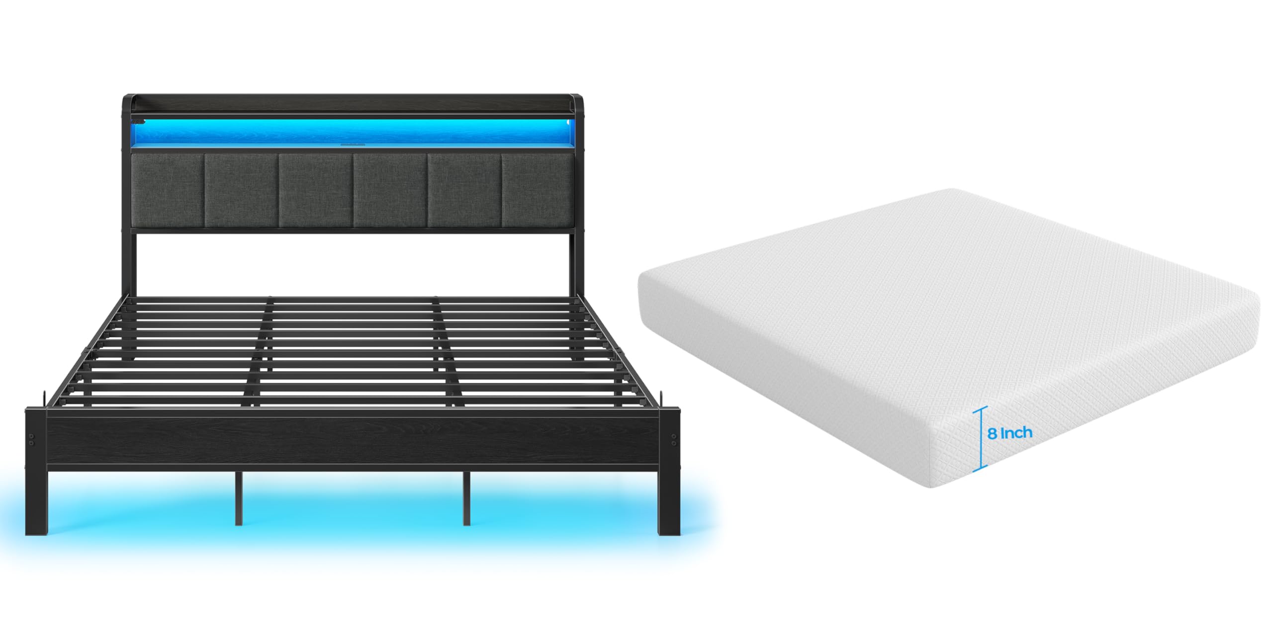 Rolanstar Bed Frame King Size with Charging Station LED Bed Frame with Storage Headboard Grey - 8 Inch