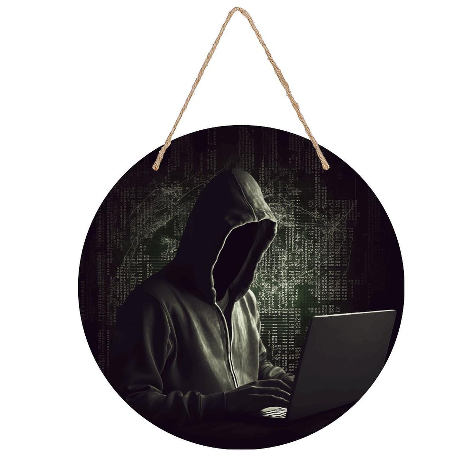 VstaDank Hacker Wall Art Decor with Ropes Wooden Hanging Sign Hanging Wall Decor Artwork Round Wood Painting Modern Wall Prints Decor Picture for Office Bar Home Decors