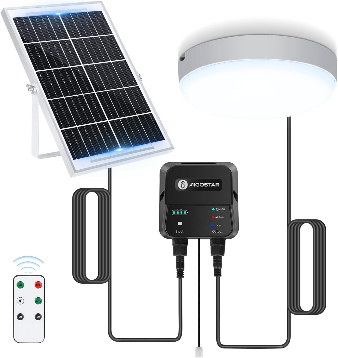Aigostar Plafoniera LED Solare Esterno Interni con Telecomando, Scatola di accumulo di energia, 70W, IP65 Impermeabile, Regolabile 6500K, Cavo 8M, Interruttore a Cordino