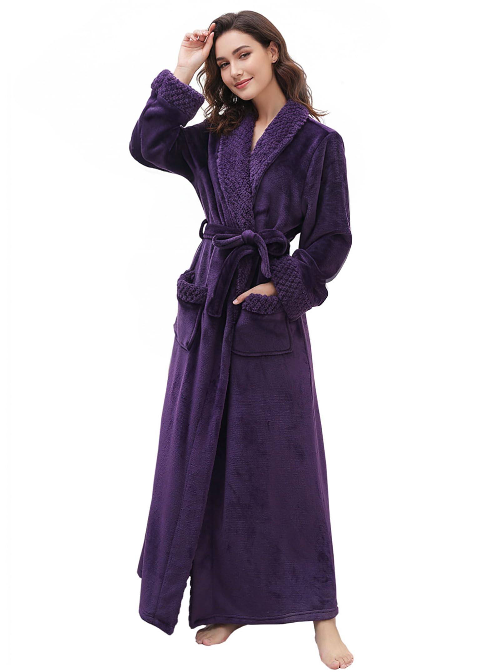 Artfasion Womens Long Fleece Robe - Warm Soft Floor Length Flannel Bathrobes for Winter Thicker Long House Coat with Pockets