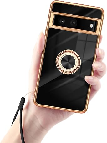 for Google Pixel 7 Pro Case for Women Electroplating Gold Edge, Luxury Elegance Single Color Bottoms Full Camera TPU Protection Cover with 360 Kickstand for Google Pixel 7 Pro 5G 2022 Dark