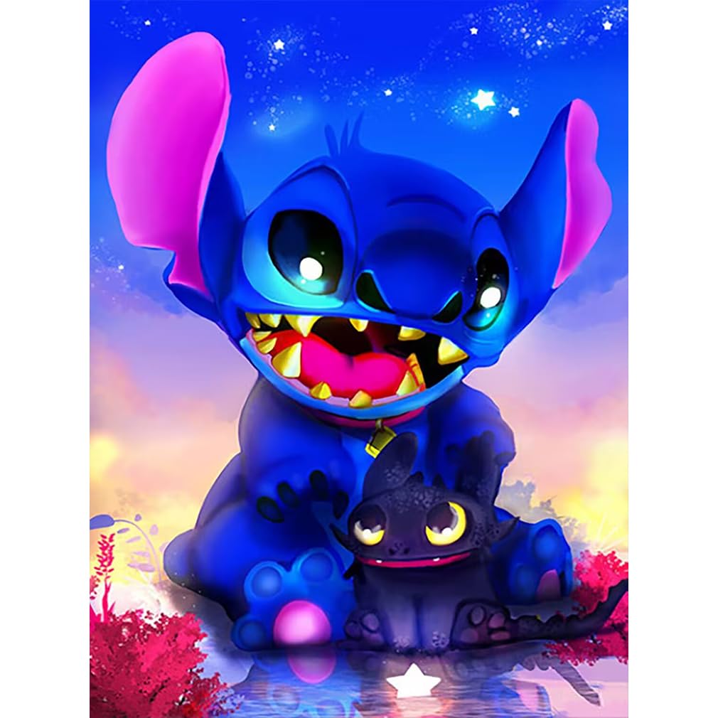 Stitch Diamond Painting Kits for Adults, 5D Cartoon Stitch and Dragon Diamond Art Kit, DIY Full Drill Diamond Dots Kits, Crystal Rhinestone Embroidery Craft Kits for Home Wall Decor Gift 12x16 inch