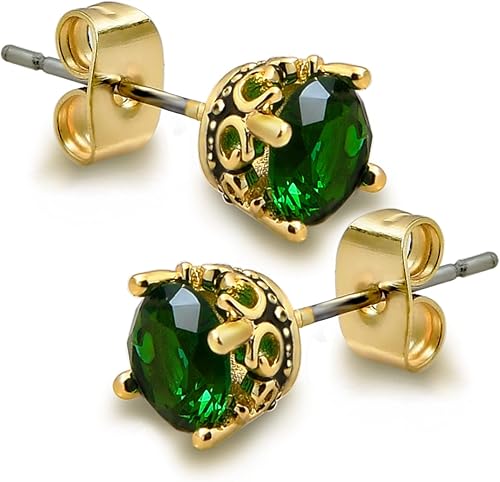 Aretes negros y dorados para hombres y mujeres, con corona retro, hipoalergénicos, de acero inoxidable, con circonita cúbica