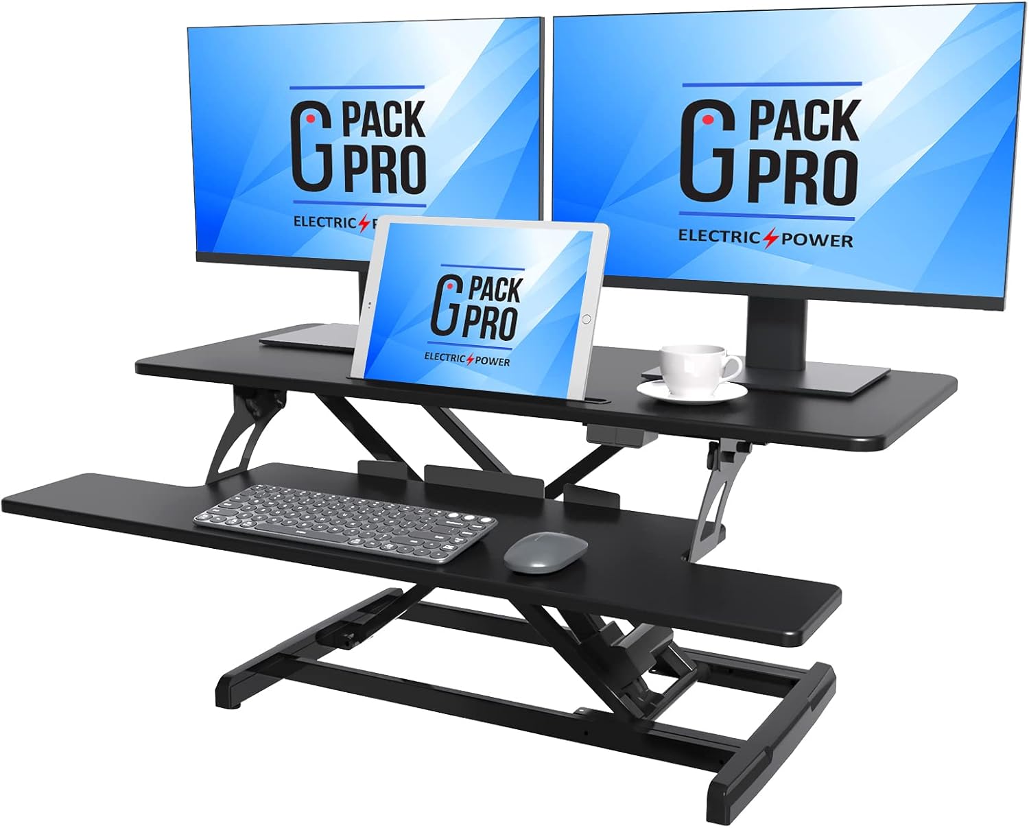 X38 Electric Standing Desk Converter Motorized Stand up Riser for Sit Stand Desk Workstation with Removable Keyword Tray and Space for Dual Monitors 37.4"