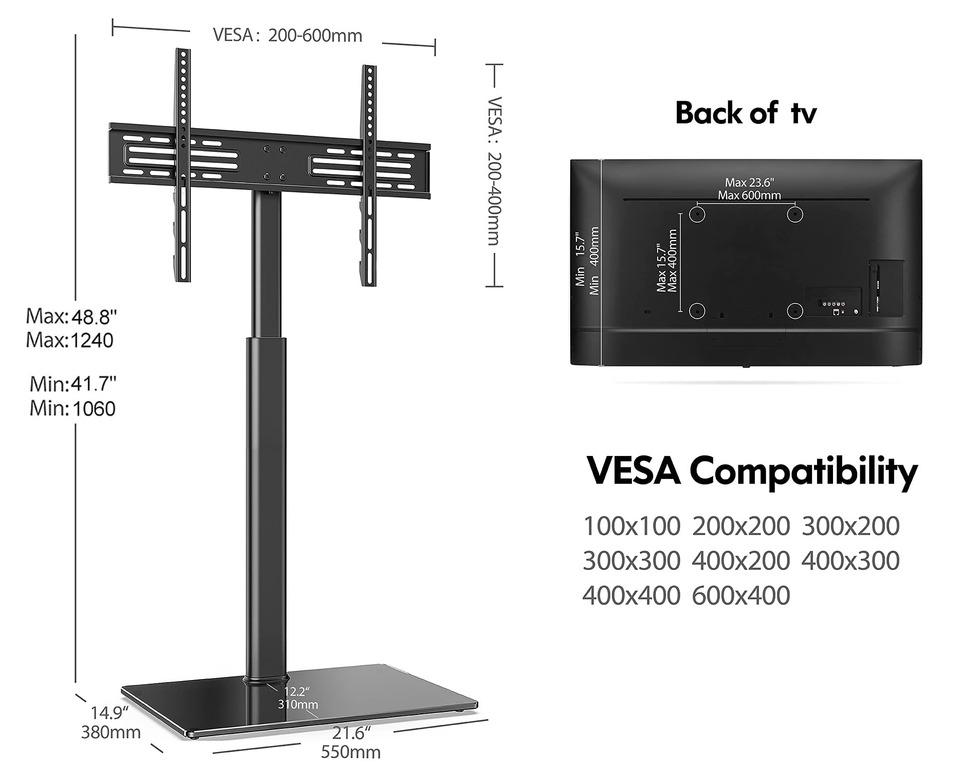 FITUEYES TV Floor Stand with Tempered Glass Base for 32 to 60 inch Max