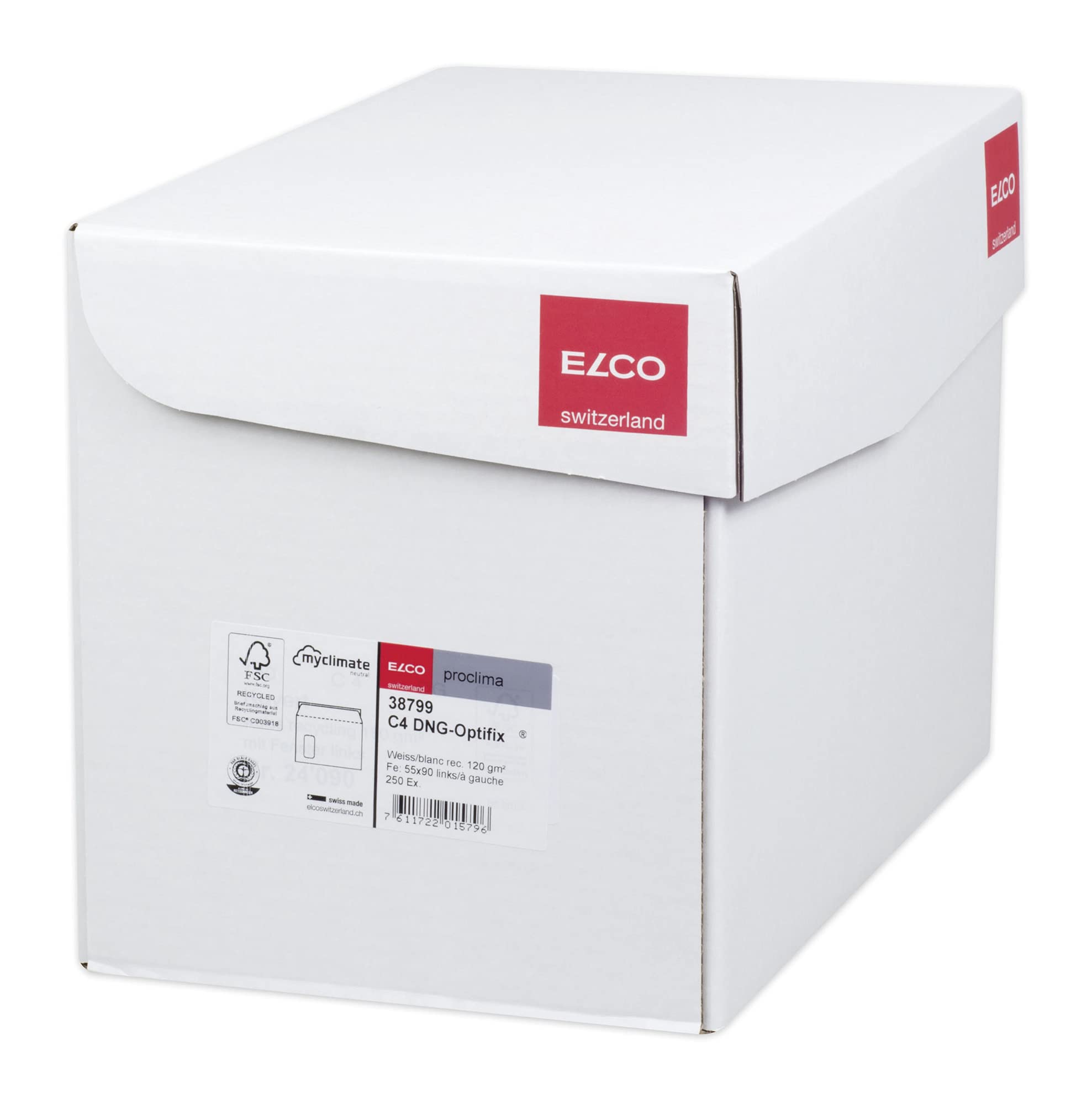 Elco 38799 Proclima Box mit Deckel und 250 Briefumschläge/Versandtasche, Haftklebeverschluss, C4, 120g, weiss recycl., Fenster: ja