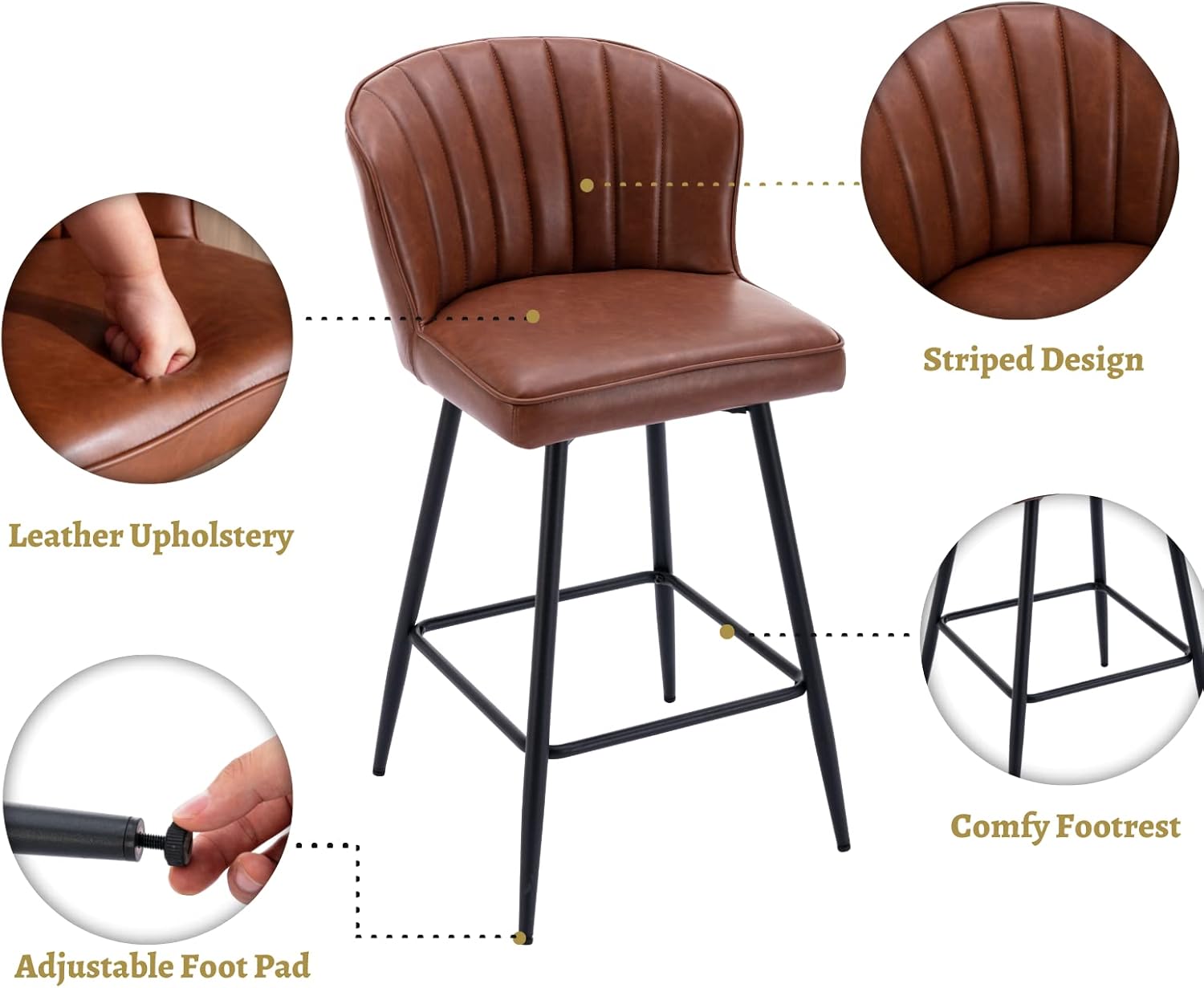 Azarria Brown Faux Leather Counter Stools with Iron Legs, Set of 2