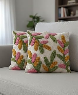 Furnistitchs Premium Decorative Throw Cushion Pillow Cover Boho Home Decor - Living Room Bedroom Couch Sofa Cushion Covers 16 inch x 16 inch (2, Green Leaves)