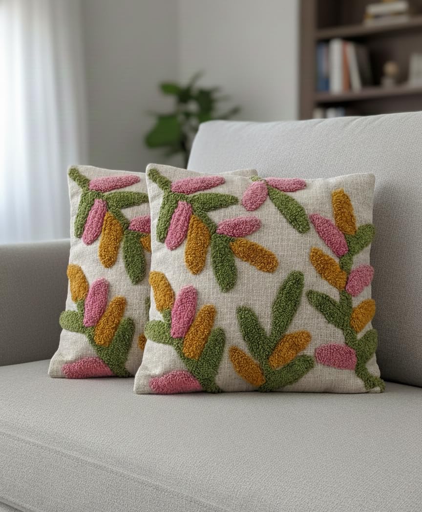 Premium Decorative Throw Cushion Pillow Cover Boho Home Decor - Living Room Bedroom Couch Sofa Cushion Covers 16 inch x 16 inch (2, Green Leaves)
