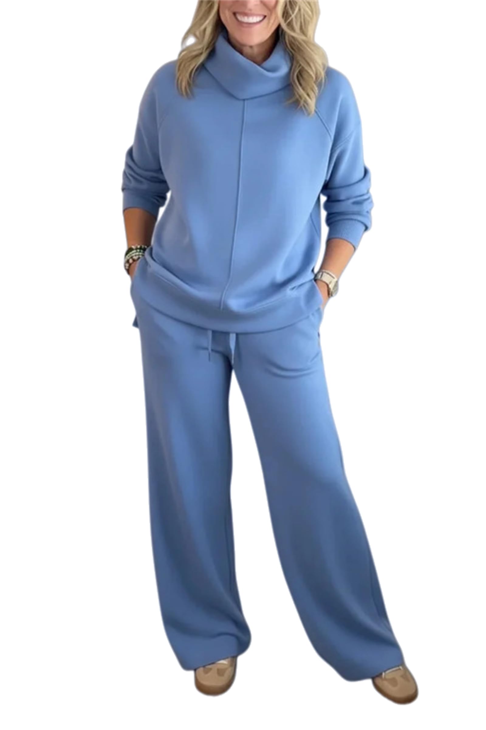 Generisch Przytulna bluza damska i spodnie, dwuczęściowy zestaw, bluza ze stójką i szerokimi nogawkami, zestaw garnituru do biegania, zestaw wypoczynkowy (M, Royal Blue)