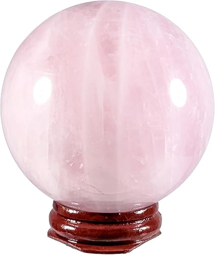 Amogeeli Esfera de cuarzo rosa natural con soporte de madera decoración de bola de piedra Fengshui para adivinación meditación Reiki