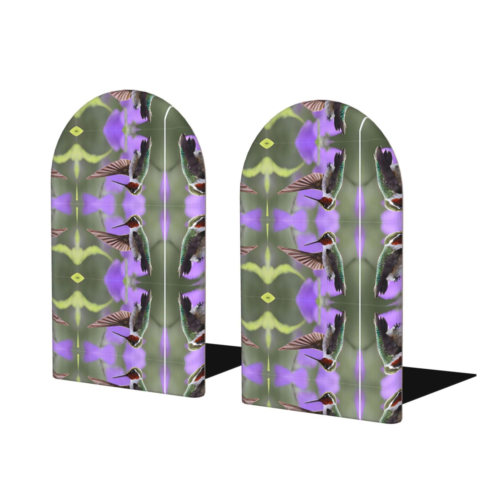 Bird in Purple Lavender Floral Flowers Stylish Bookends with Full-Print Design Durable Wooden and Metal Bookend Set for Home, Office
