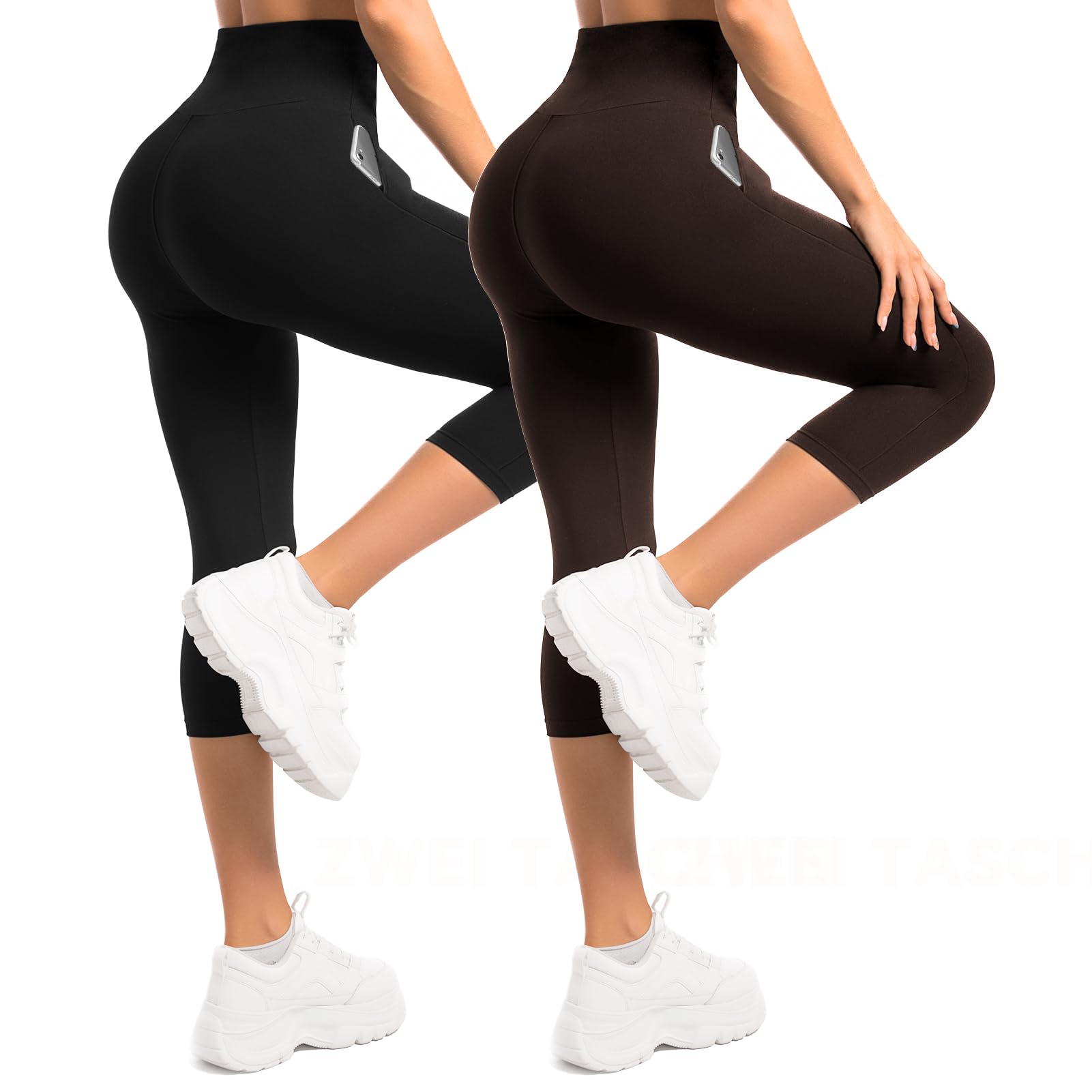 Sanpetix Damen 3/4 Leggings mit Taschen, 2er Pack Capri Leggings mit hoher Taille für Damen, butterweiche, elastische Hosen für Workout, Fitnessstudio und Yoga Schwarz Kaffee SM