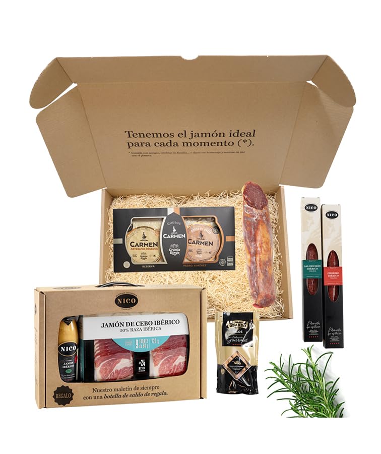 Lote Regalo Iberico Premium. Maletín de Jamón de Cebo Ibérico 50%, Botella Caldo de Jamón Ibérico, Queso Reserva, Queso Viejo de Oveja, Lomo, Salchichón, Chorizo
