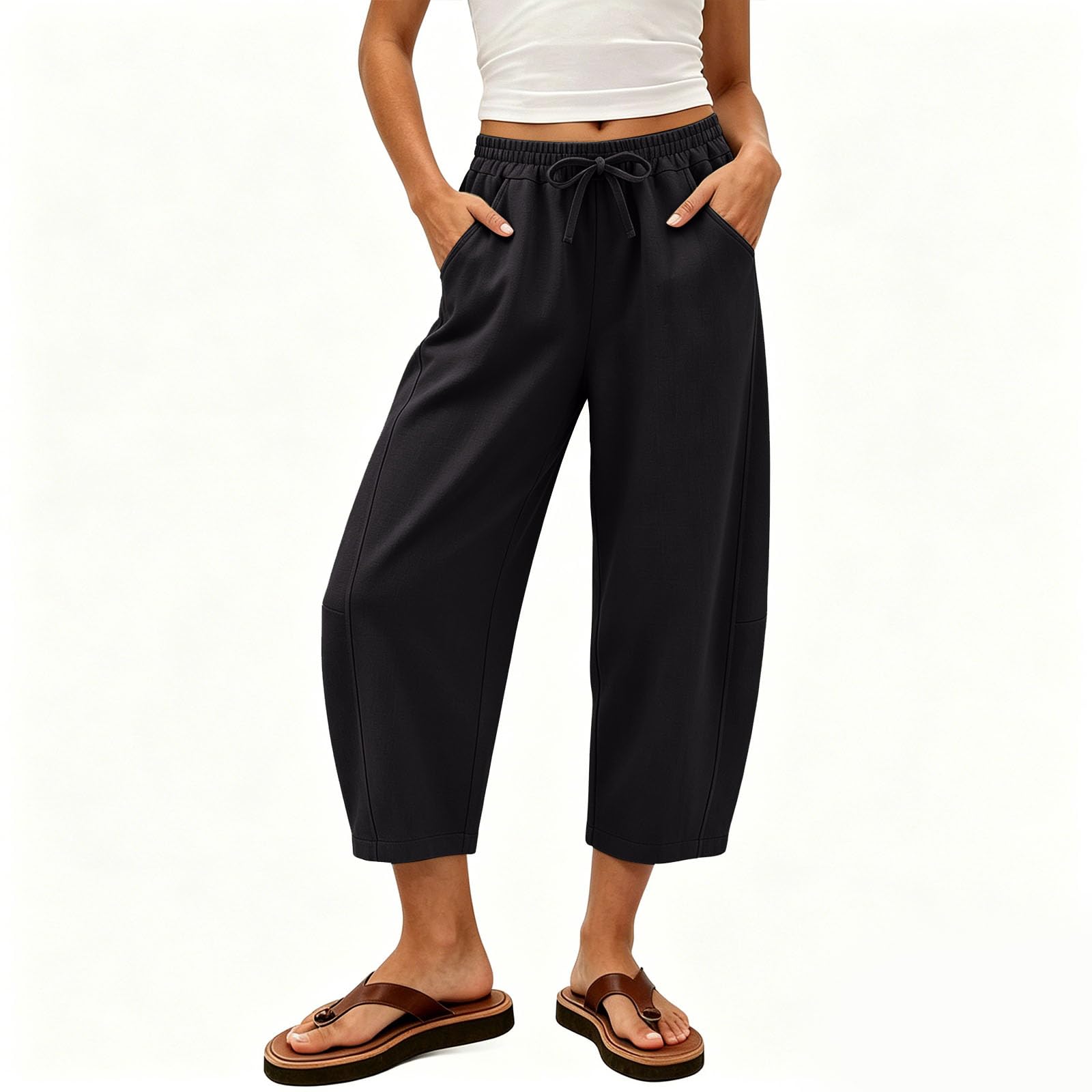 Pantaloni da Donna In Lino Vita Alta Leggeri 2026 Estivi Casual A 3/4 In Mussola Traspiranti A Gamba Larga da Spiaggia Eleganti Lino Pantalonis per Libero con Tasche Pantaloni Gamba Larga S-3XL