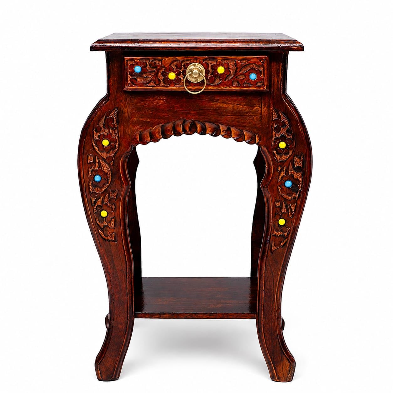 wooden side table with drawer | natural mango wood antique look stool for living room & bedroom | bedside end table with storage shelf (single drawer antique table)