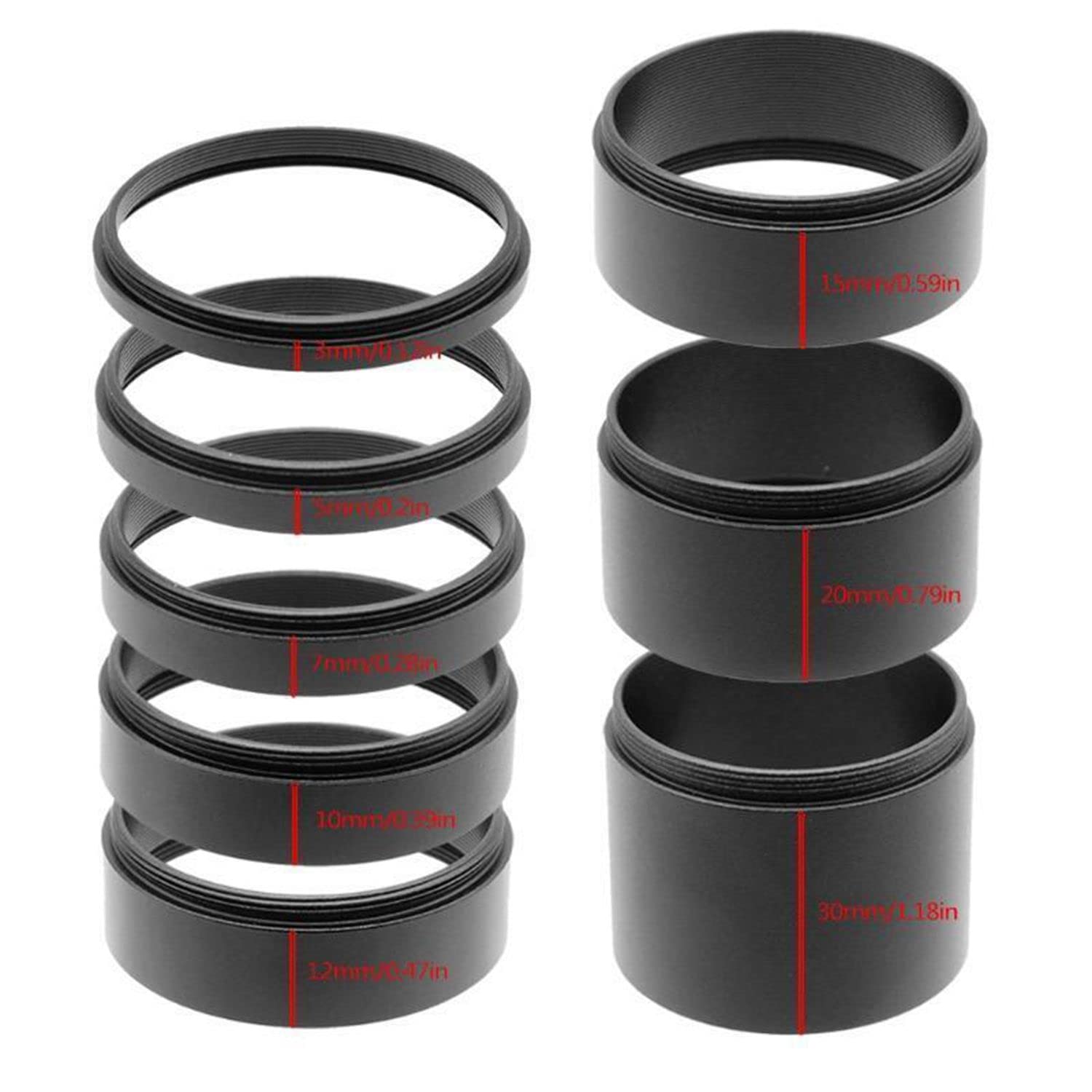 Tubo di prolunga telescopico astronomico T2 M42 x 0,75 kit lunghezza 3/5/7/10/12/15/20/30 mm (8 pezzi)