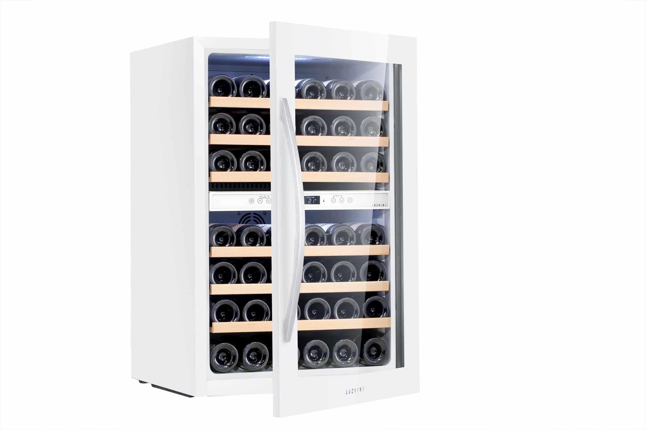 LV42W Weißer Einbau-Weinkühlschrank - Weinklimaschrank mit 2 Zonen, Vollglas-Designtür, 42 Flaschen, einstellbare Zonen von 5-20°C, Kompressorkühlung, 41dB, RVS-Handgriff