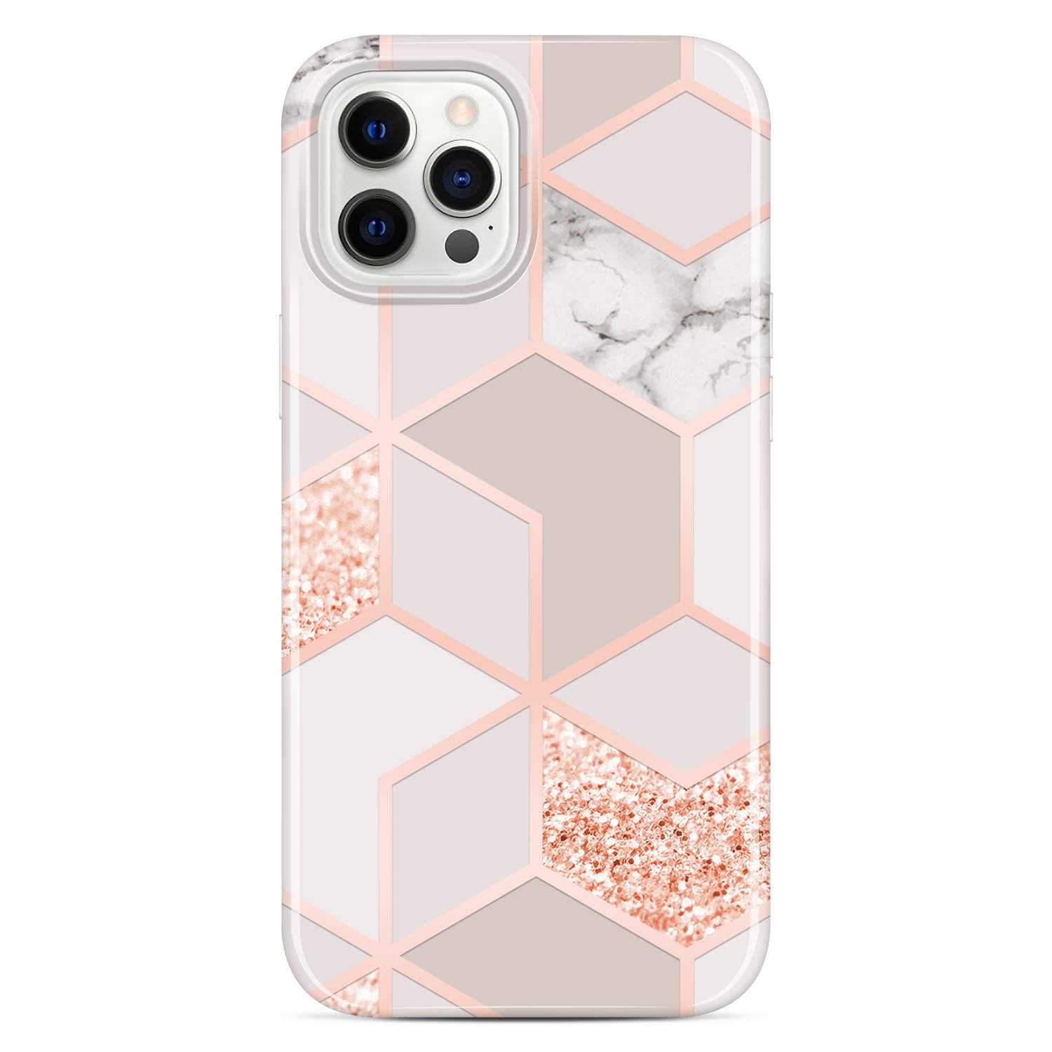 JAHOLANBling Glitter Sparkle Marble Design Clear Bumper TPU Soft Rubber Silicone Cover Phone Case for iPhone 12 Pro Max 6.7 inch Rose Gold