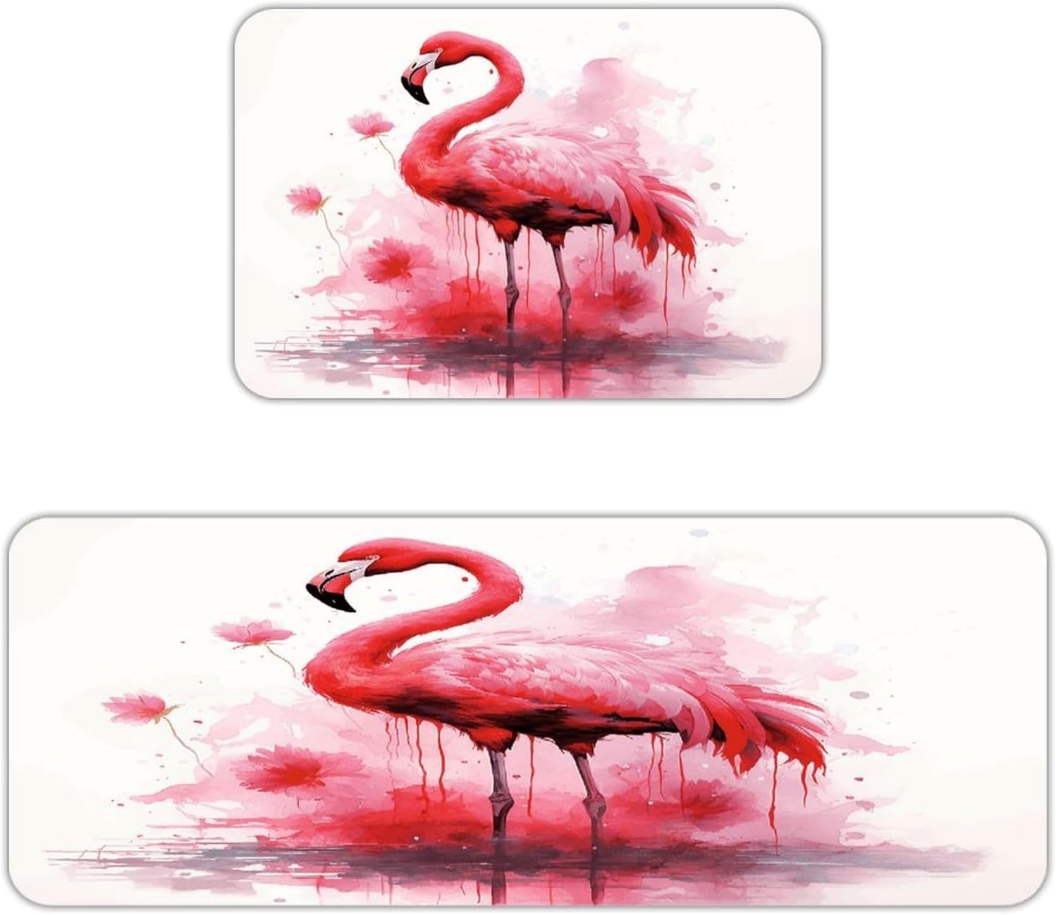 Flamingo Watercolor Kitchen Mat Washable Non Slip Rugs Soft Kitchen Mats for Floor Set of 2 PCS Cushioned Absorbent Runner Standing Rugs for Home Sink Laundry Office