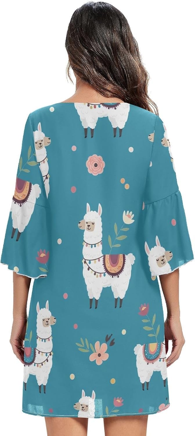 Cute Llamas Blue Ladies Chiffon Dress 3/4 Sleeve Swing Dress S-XXL