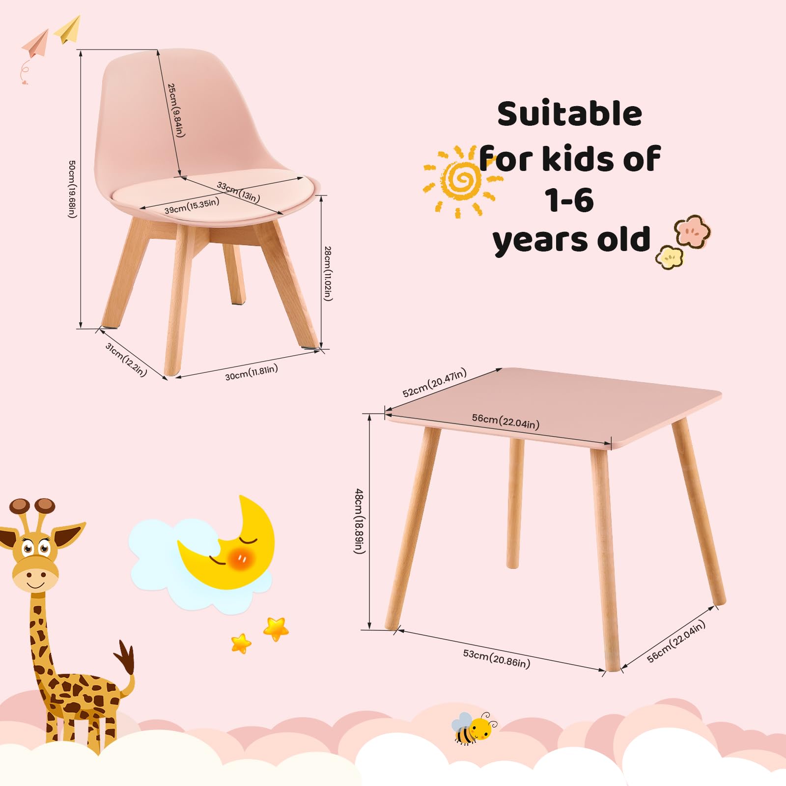 Kindertisch mit 2 Stühlen, Kindersitzgruppe, aus FSC nachhaltigem massivem Buchenholz, 1 bis 6 Jahre Kinder, Kindermöbel für Kinderzimmer, Kindergärten, rosa