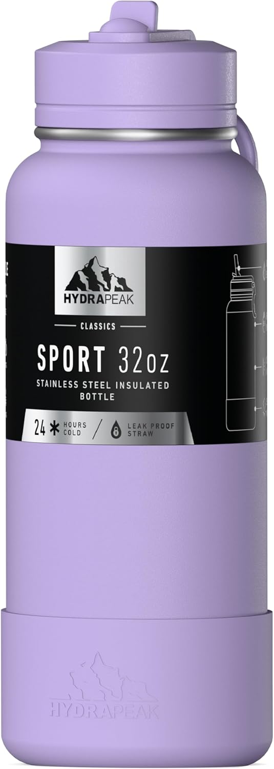 Hydrapeak 32oz Sport Insulated Water Bottle with Straw Lid, Leak & Spill Proof, Keeps Drinks Cold for 24 Hours, Hot for 12 Hours, Premium Stainless Steel Water Bottles (32oz, Dlavender)