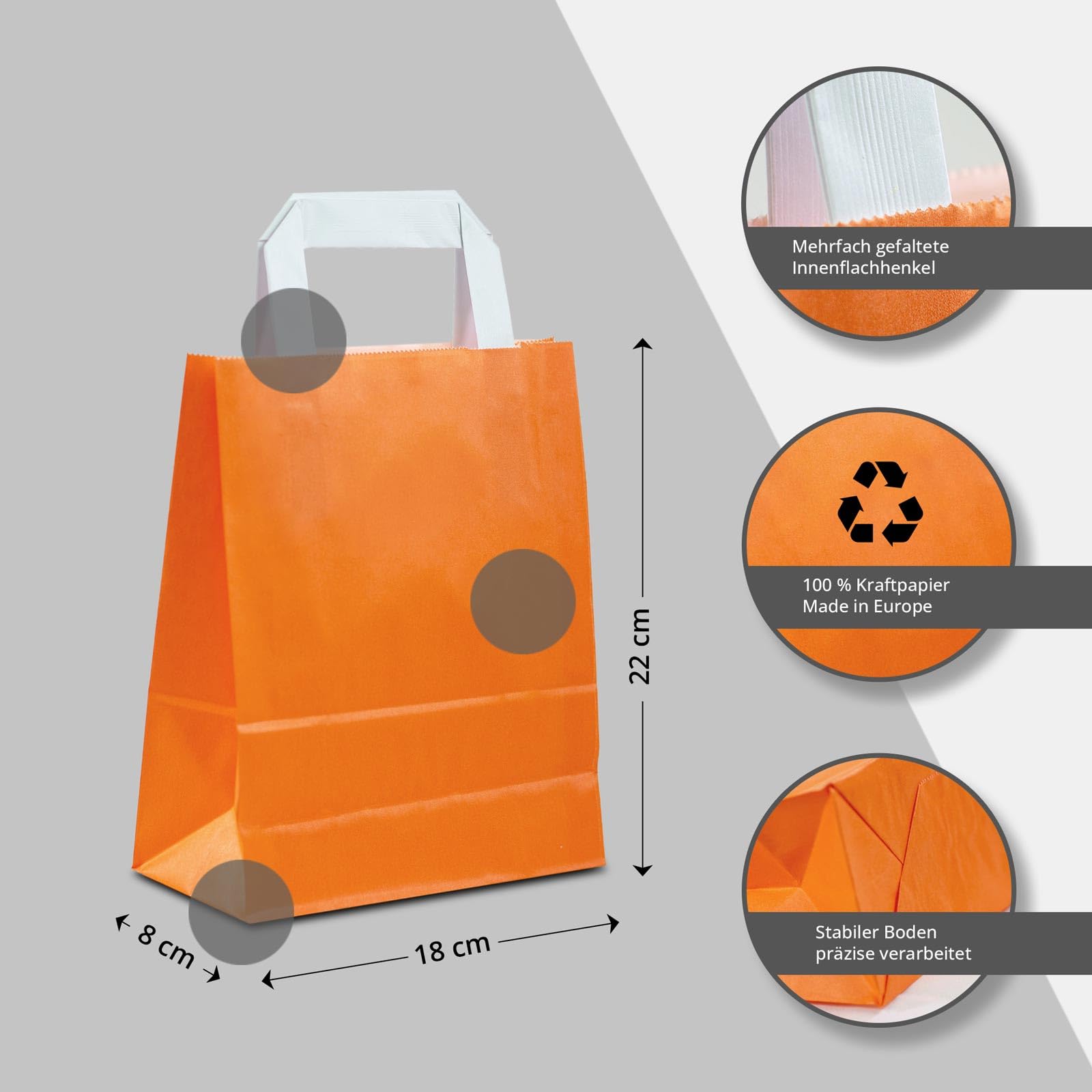Papiertüten orange mit Flach-Henkel I 100 Stk. 18+08x22cm I Papiertragetasche für Einzelhandel, Weihnachten, Mitbringsel, TO-GO I Geschenktüten aus Kraftpapier I HUTNER