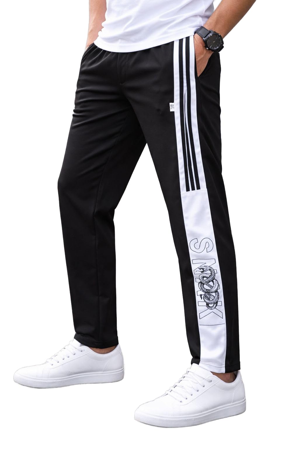 KALIRAMAN NS Lower Track Pants for Men, Side Stripe with Snake Print, Slim Fit, Black and Dark Grey-picture-26