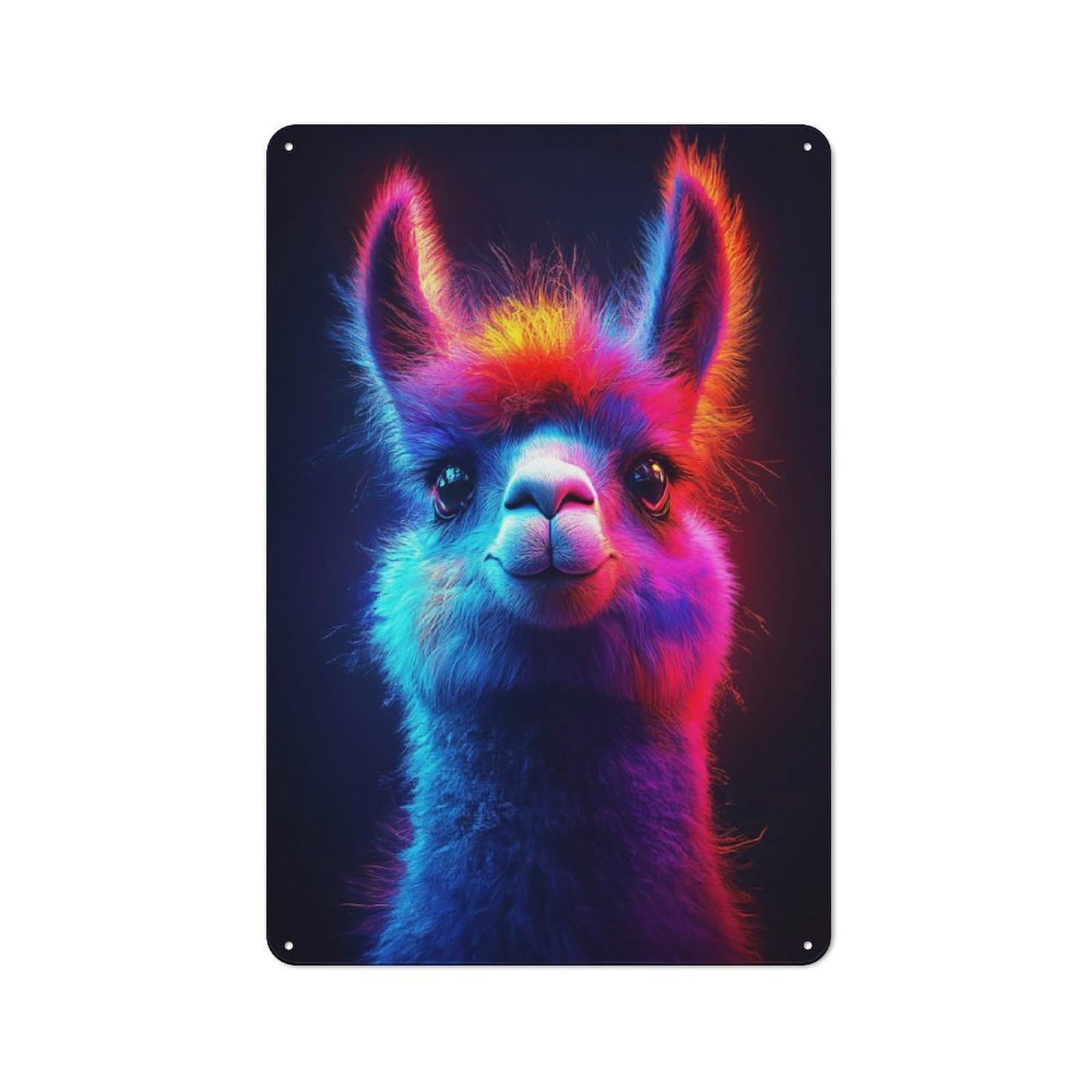 Tin Wall Plaque 30x20cm with Neon Llama Portrait for Hallway Wall, with Clear Retro Wall Decor Character