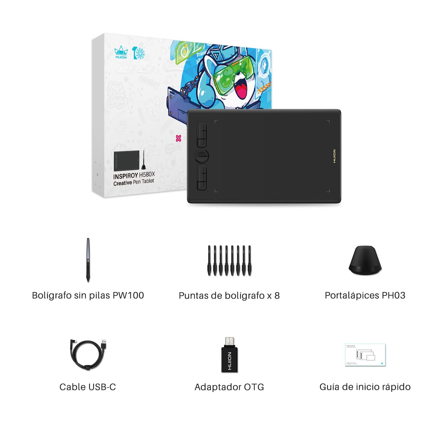 HUION Inspiroy H580X Tableta Gráfica, Tableta de Dibujo de Gráficos Digitales de 8x5 Pulgadas, Compatible con Android, 8 Teclas Express, Ideal para Pintar, Educación Remota y Oficina