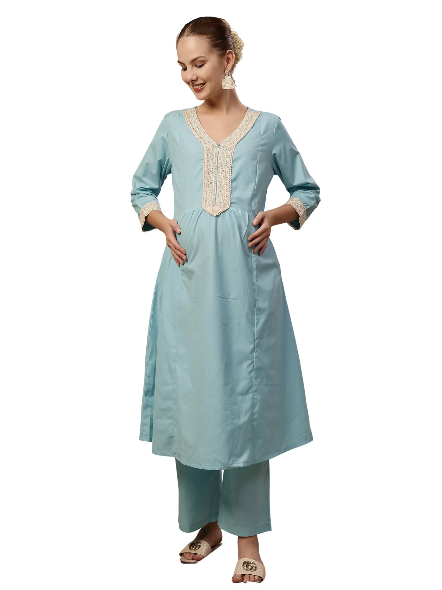 Maternity Cotton Kurta Pant Set for Women | Ethnic Feeding Kurta with Lace Detailing, Pocket & Pants | Pre & Post Pregnancy & Nursing Wear-image-8