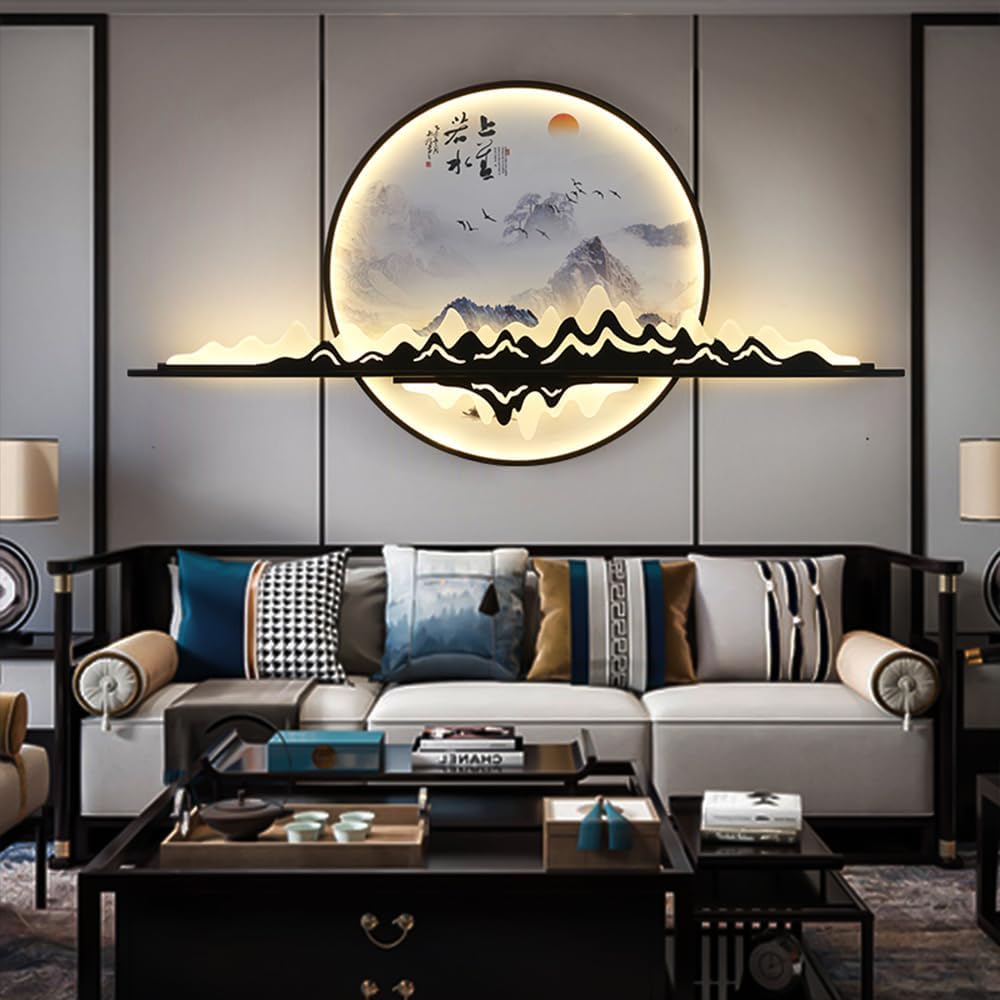 Lámparas de pared modernas LED mural de paisaje circular creativo chino lámpara de estudio de la Sala de estar del hogar (A D60cm 1pcs)