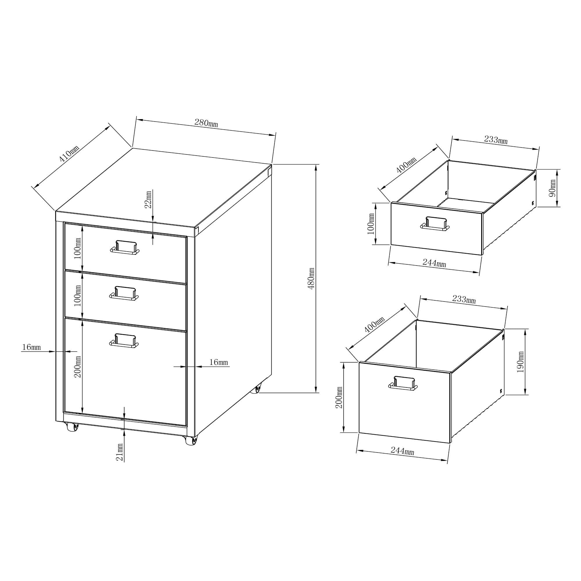[en.casa] Kökar szafka z szufladami, metalowa, z 3 szufladami, wózek biurowy na kółkach, do gabinetu, 48 x 28 x 41 cm, miętowa zieleń