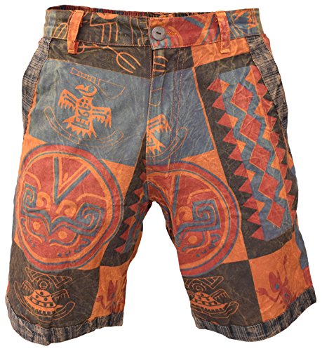 Gheri Mens Hemp Cotton Ethnic Printed Shorts with Pockets Single Button and Zip B Large