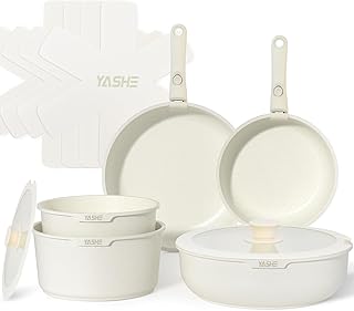 YASHE 13Pcs Pots and Pans Sets Non Stick, Kitchen Cookware Sets, Induction Pan Set for RV Set, Pans with Detachable Handle, Granite White, Oven Safe, PFOA Free