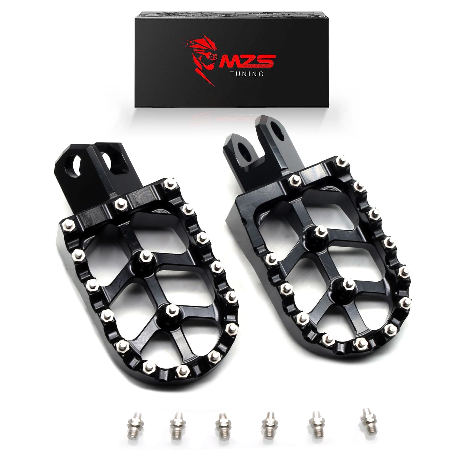 MZS Dirt Bike Foot Pegs, Black Aluminum Non-Slip Skeleton Grid Wide Pedals