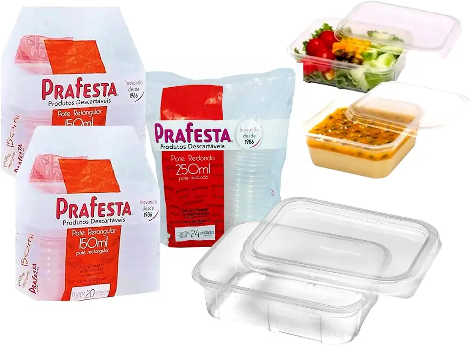 Kit 3 Potes Descartáveis, Prafesta 150ml + 250ml, Retangular Com Tampa, Pacote 64 Unidades
