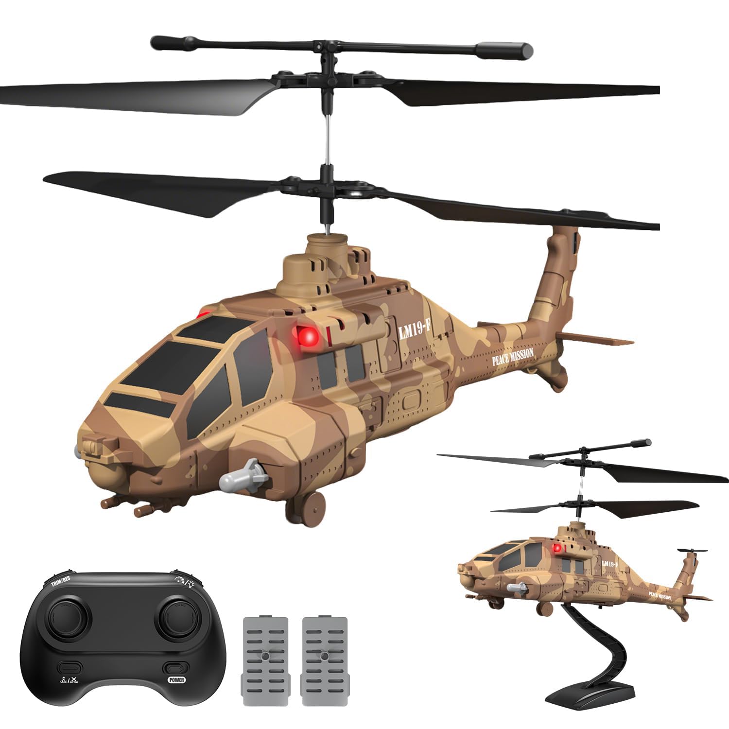 Photo 1 of LMRC RC Helicopter with Missiles, 2.4GHz Remote Control Army Helicopter for Kids, Military Helicopter, LED Lights, Altitude Hold, One-Key Take Off, Gift for Military Fans (Brown)