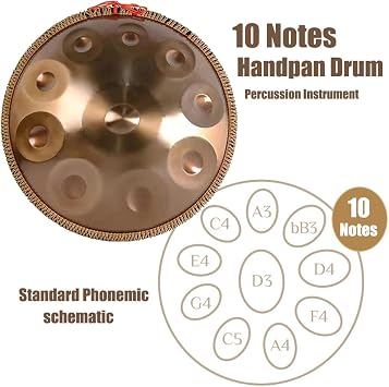 Handpan Drum 10 Notes Steel Tongue Drum 22 Inches Harmonic Percussion Instrument for Sound Performance Hand pan Steel Drum andmade Healing Music Instrument Gift (Color : Gold(10note))