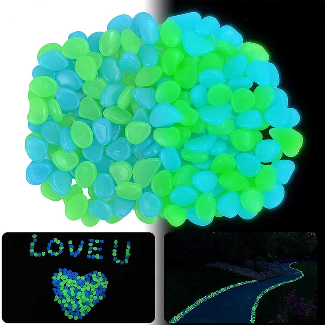 300 Pezzi Luminose che Brillano al Buio, Fluorescenti in Resina, da Giardino, Decorativi per Vasi, Sassolini Decorativi, per Acquario, Ciottoli Luminosi per Prati e Terrazza (Blu, Verde)