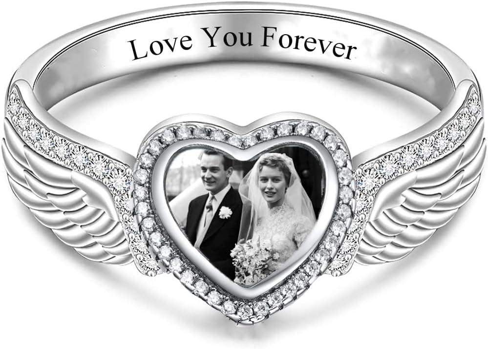 Custom Ring with Picture Sterling Silver Heart/Round Shape Personalized Photo Ring Customize Angel Wing Ring Engraved Memorial Rings for Women Grandma Mother Pet Dog Cat Lover, Crystal, No
