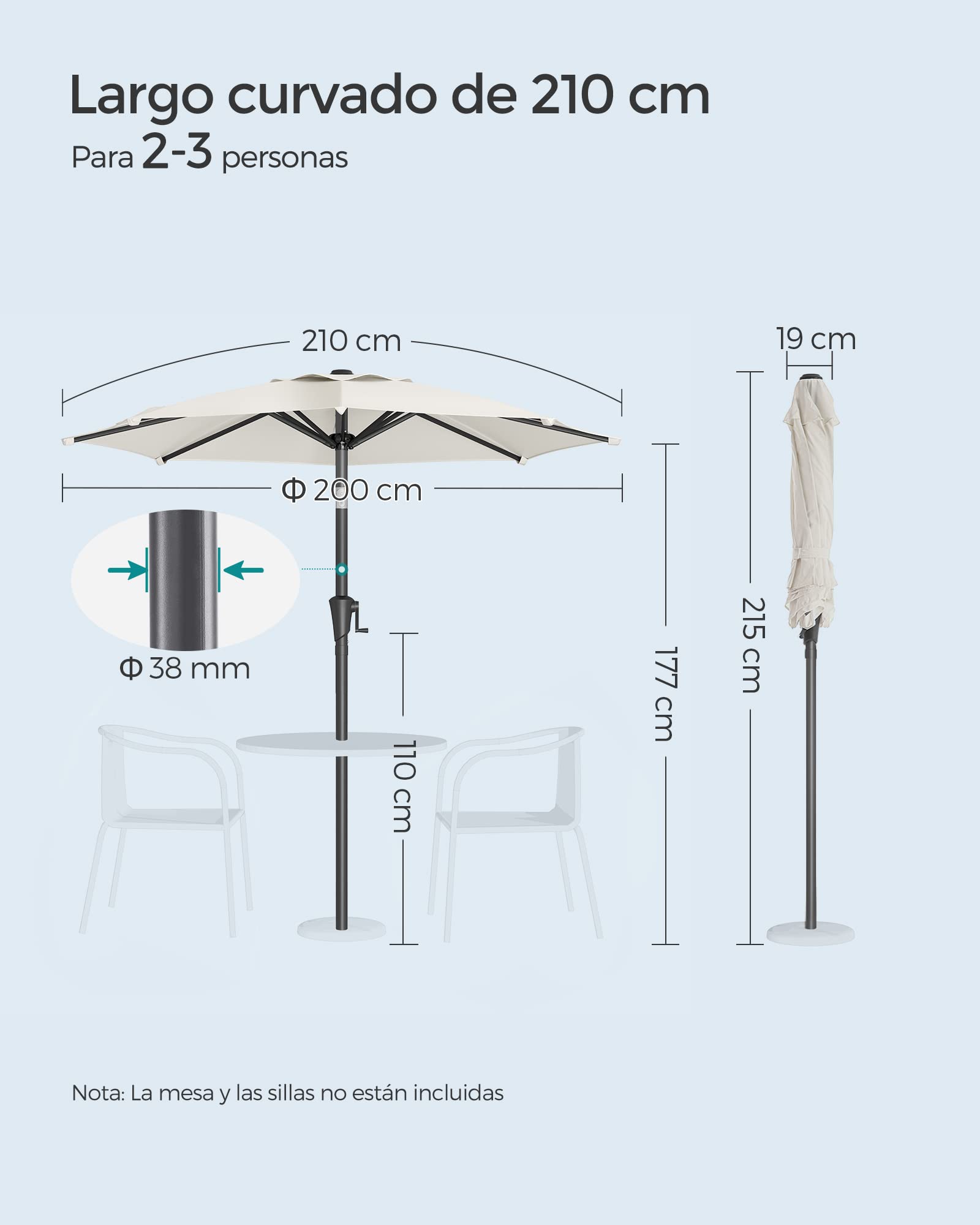 SONGMICS Sombrilla de Jardín 210 cm, UPF 50+, Parasol, 30°de Inclinación en dos Direcciones, con Manivela, para Patio, Terraza, Balcón, Piscina, sin Base, Beige GPU202M01