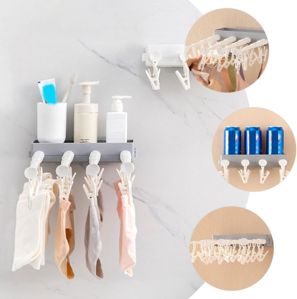 BESTOYARD Wall-Mounted Clothes Drying Rack with Stretchable Sock Clips and Rust-Proof Pp Material, Lightweight Foldable Design for Indoor and Bathroom Use