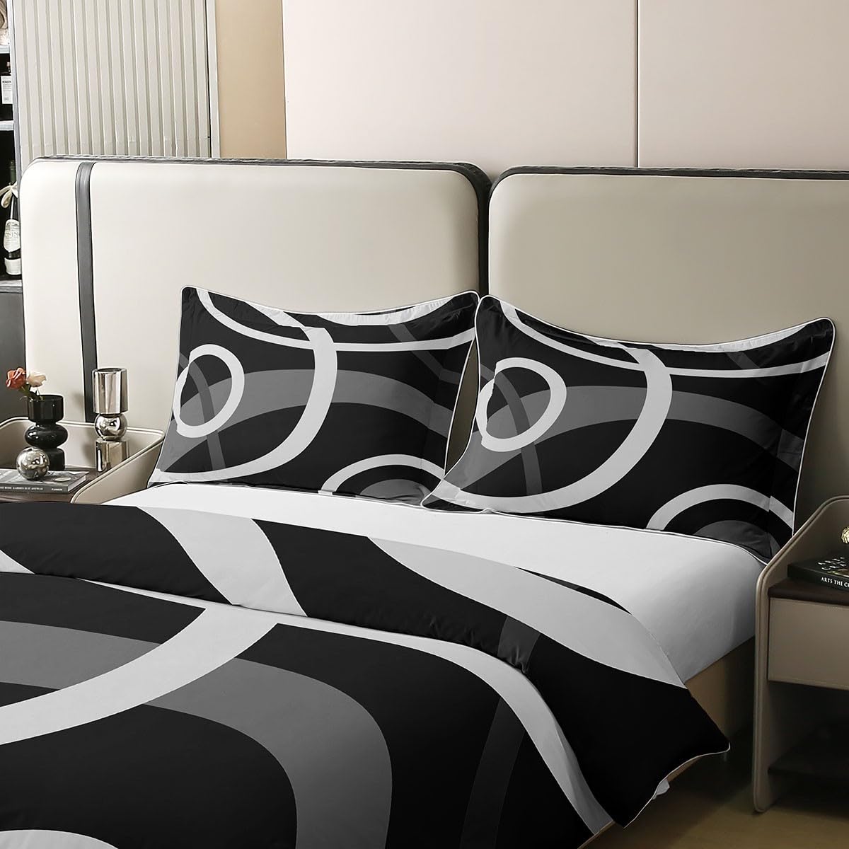 Homemissing Lignes Blanches Housse de Couette 220x240cm 100% Coton Enfants Géométriques Lignes Rondes Literie Set Art Abstrait Parure de lit de Chambre Noir Gris Ensemble de lit