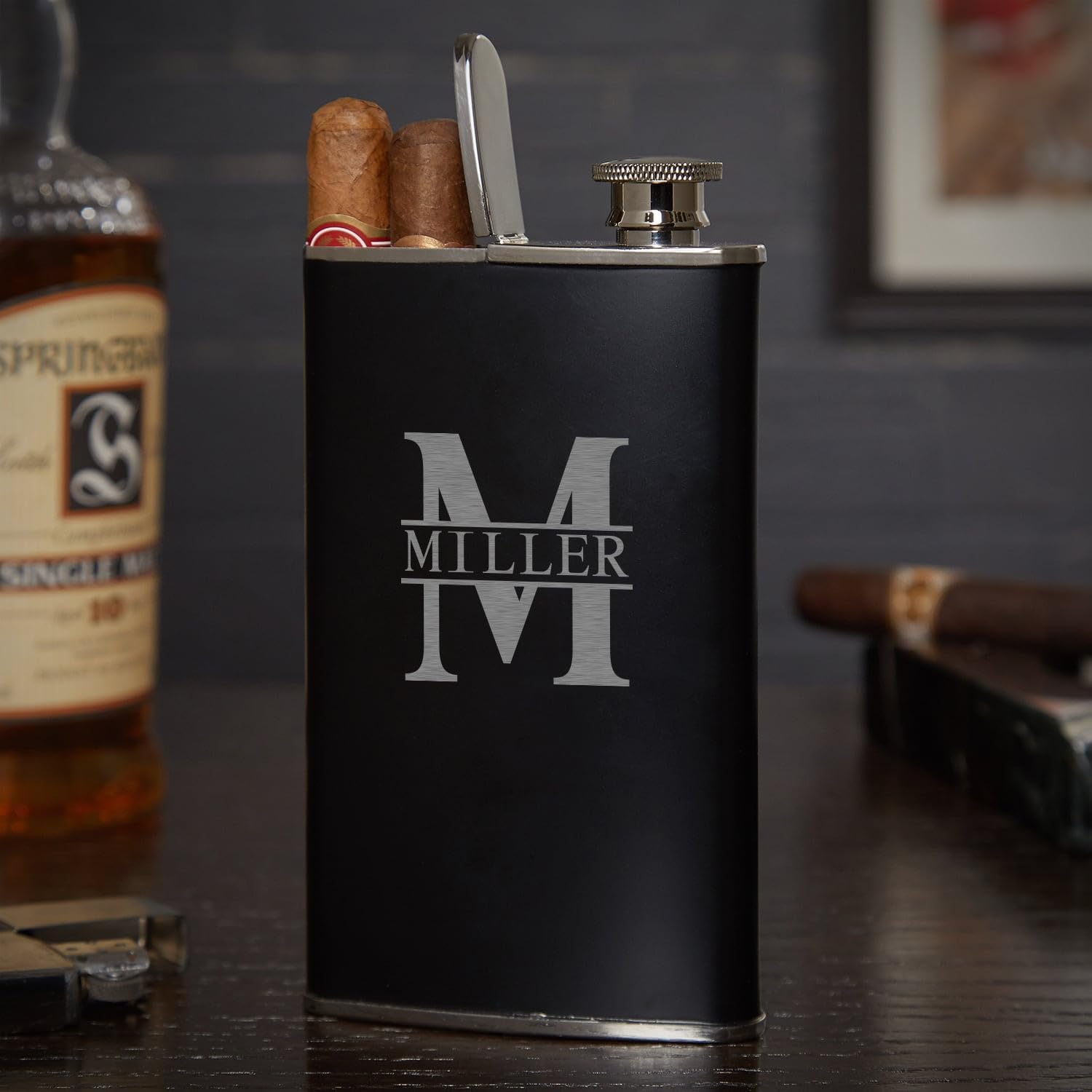 Black Custom Stainless Steel Cigar Flask for Men - Engraved Flask By HomeWetBar